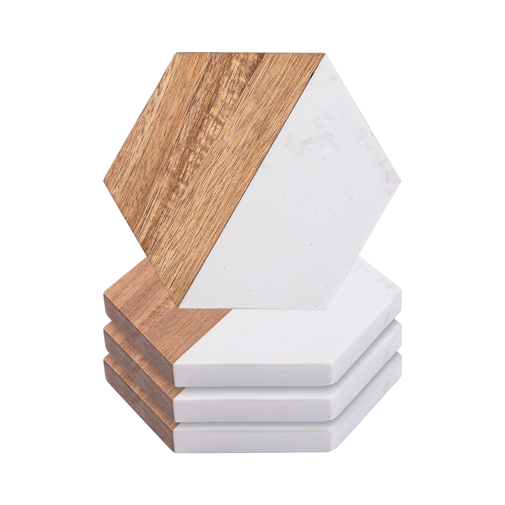 Engraving Marble Wood Coasters Hexagon, 4 pack, 10*11.5*1cm